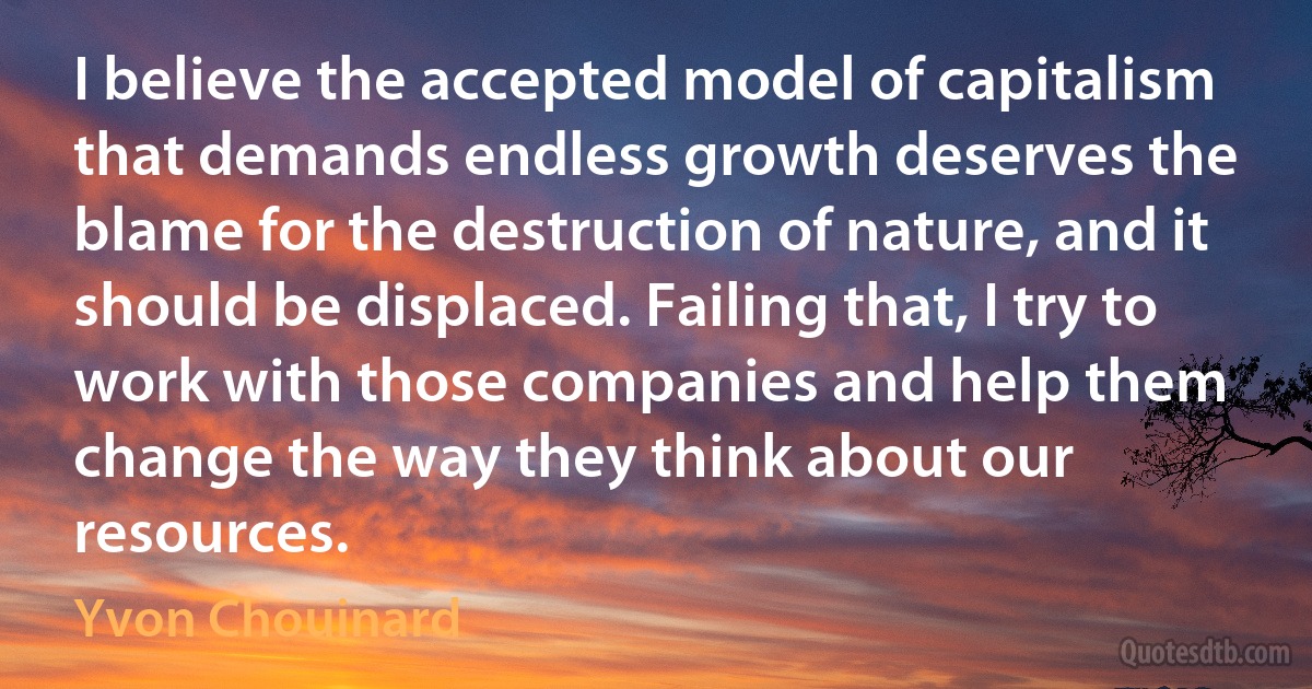 I believe the accepted model of capitalism that demands endless growth deserves the blame for the destruction of nature, and it should be displaced. Failing that, I try to work with those companies and help them change the way they think about our resources. (Yvon Chouinard)