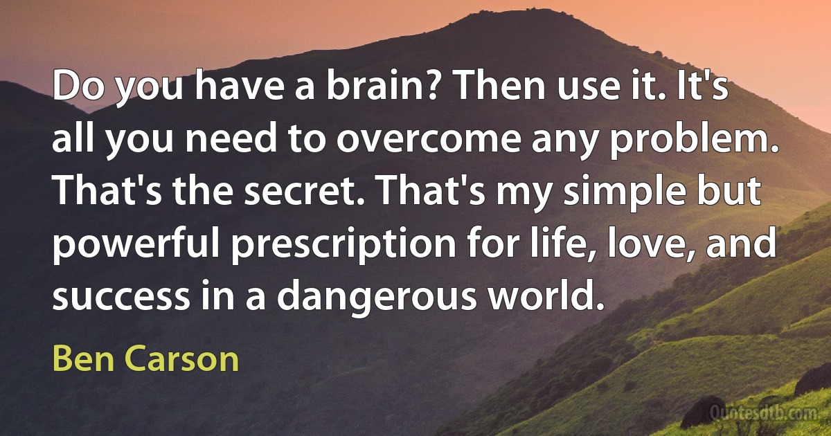 Do you have a brain? Then use it. It's all you need to overcome any problem. That's the secret. That's my simple but powerful prescription for life, love, and success in a dangerous world. (Ben Carson)