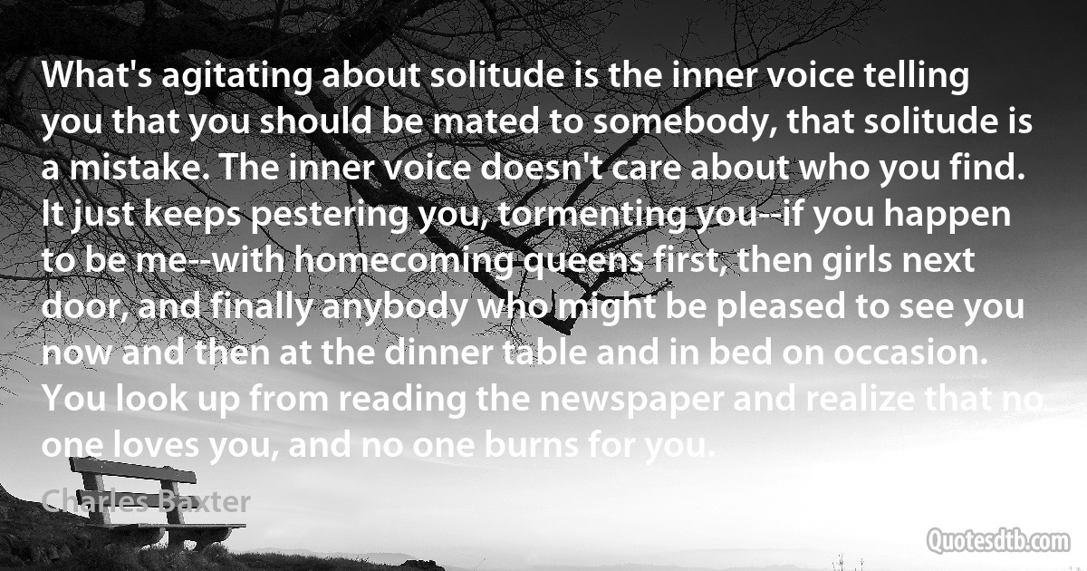 What's agitating about solitude is the inner voice telling you that you should be mated to somebody, that solitude is a mistake. The inner voice doesn't care about who you find. It just keeps pestering you, tormenting you--if you happen to be me--with homecoming queens first, then girls next door, and finally anybody who might be pleased to see you now and then at the dinner table and in bed on occasion. You look up from reading the newspaper and realize that no one loves you, and no one burns for you. (Charles Baxter)