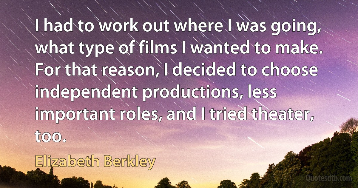 I had to work out where I was going, what type of films I wanted to make. For that reason, I decided to choose independent productions, less important roles, and I tried theater, too. (Elizabeth Berkley)