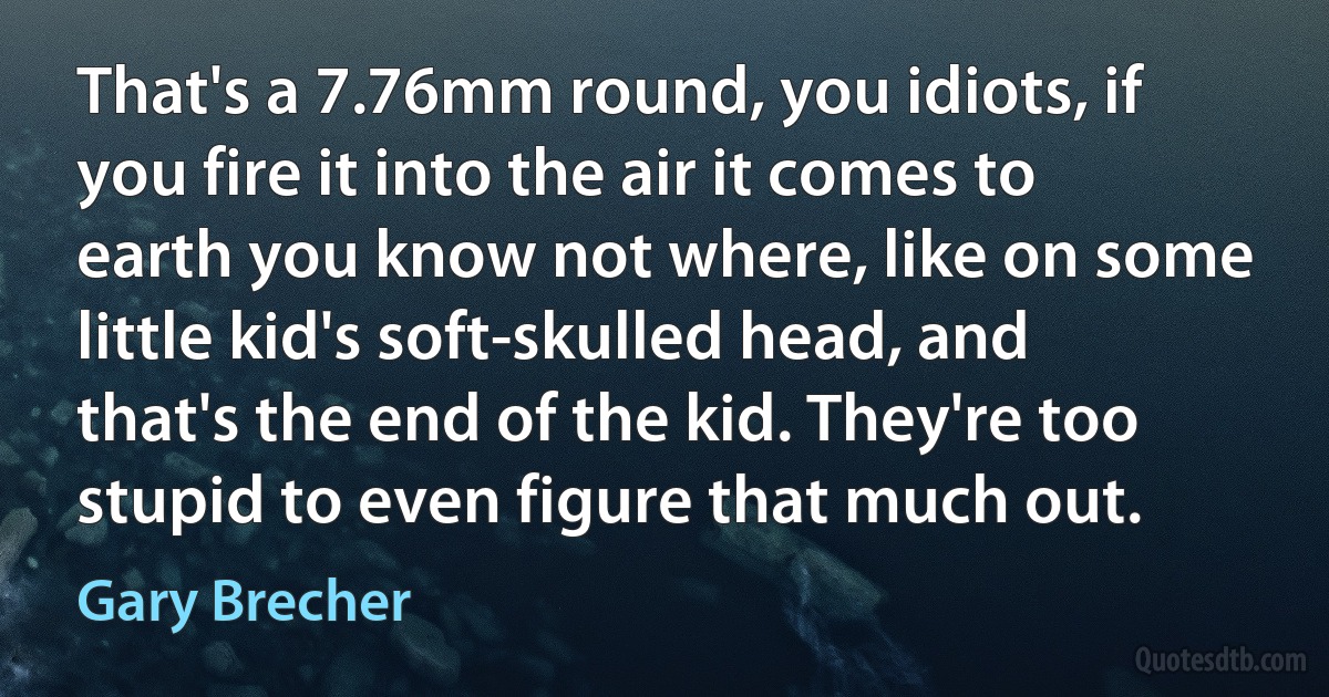 That's a 7.76mm round, you idiots, if you fire it into the air it comes to earth you know not where, like on some little kid's soft-skulled head, and that's the end of the kid. They're too stupid to even figure that much out. (Gary Brecher)