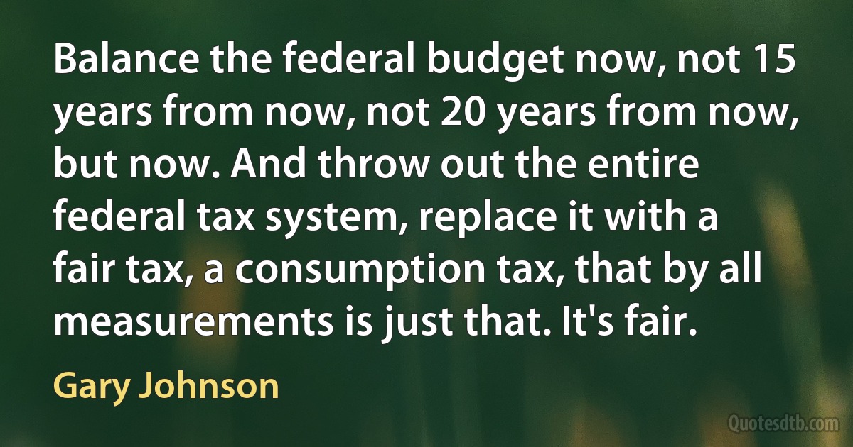 Balance the federal budget now, not 15 years from now, not 20 years from now, but now. And throw out the entire federal tax system, replace it with a fair tax, a consumption tax, that by all measurements is just that. It's fair. (Gary Johnson)