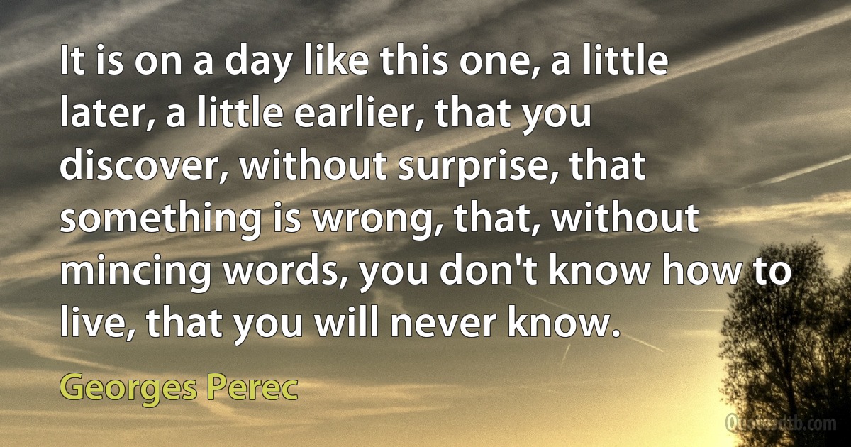 It is on a day like this one, a little later, a little earlier, that you discover, without surprise, that something is wrong, that, without mincing words, you don't know how to live, that you will never know. (Georges Perec)