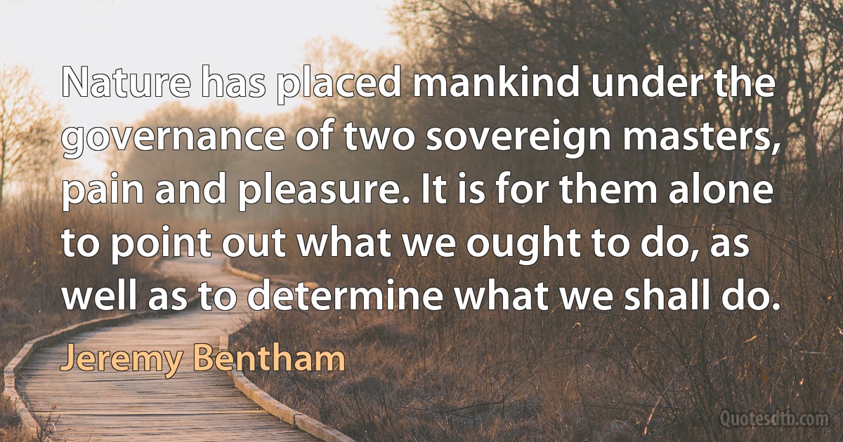 Nature has placed mankind under the governance of two sovereign masters, pain and pleasure. It is for them alone to point out what we ought to do, as well as to determine what we shall do. (Jeremy Bentham)