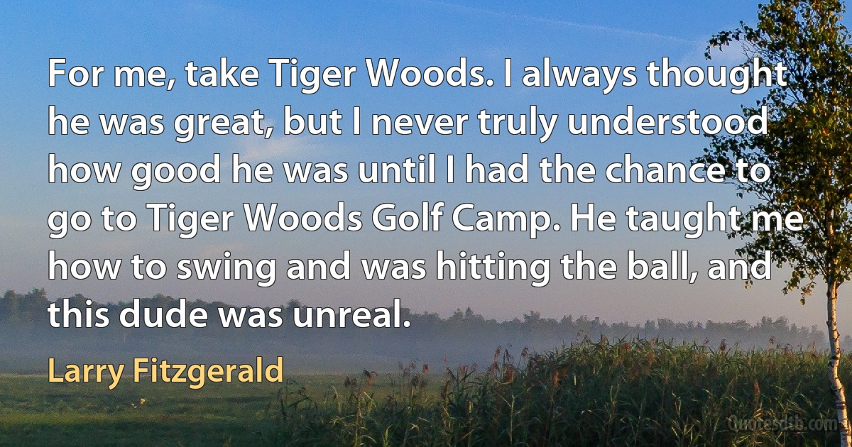 For me, take Tiger Woods. I always thought he was great, but I never truly understood how good he was until I had the chance to go to Tiger Woods Golf Camp. He taught me how to swing and was hitting the ball, and this dude was unreal. (Larry Fitzgerald)