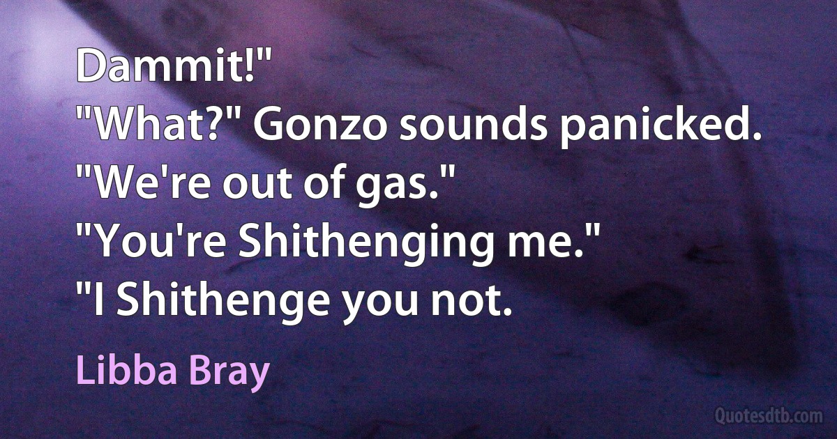 Dammit!"
"What?" Gonzo sounds panicked.
"We're out of gas."
"You're Shithenging me."
"I Shithenge you not. (Libba Bray)