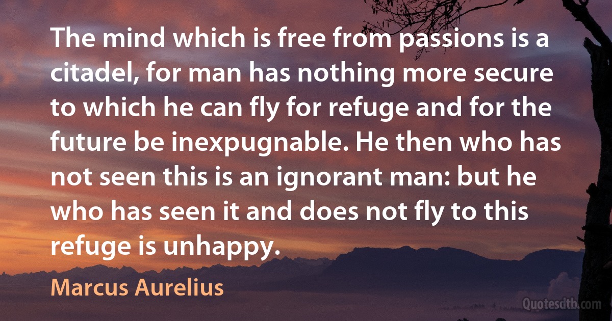 The mind which is free from passions is a citadel, for man has nothing more secure to which he can fly for refuge and for the future be inexpugnable. He then who has not seen this is an ignorant man: but he who has seen it and does not fly to this refuge is unhappy. (Marcus Aurelius)