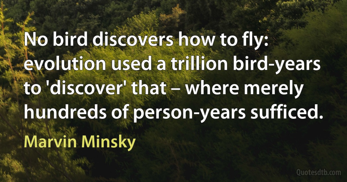 No bird discovers how to fly: evolution used a trillion bird-years to 'discover' that – where merely hundreds of person-years sufficed. (Marvin Minsky)