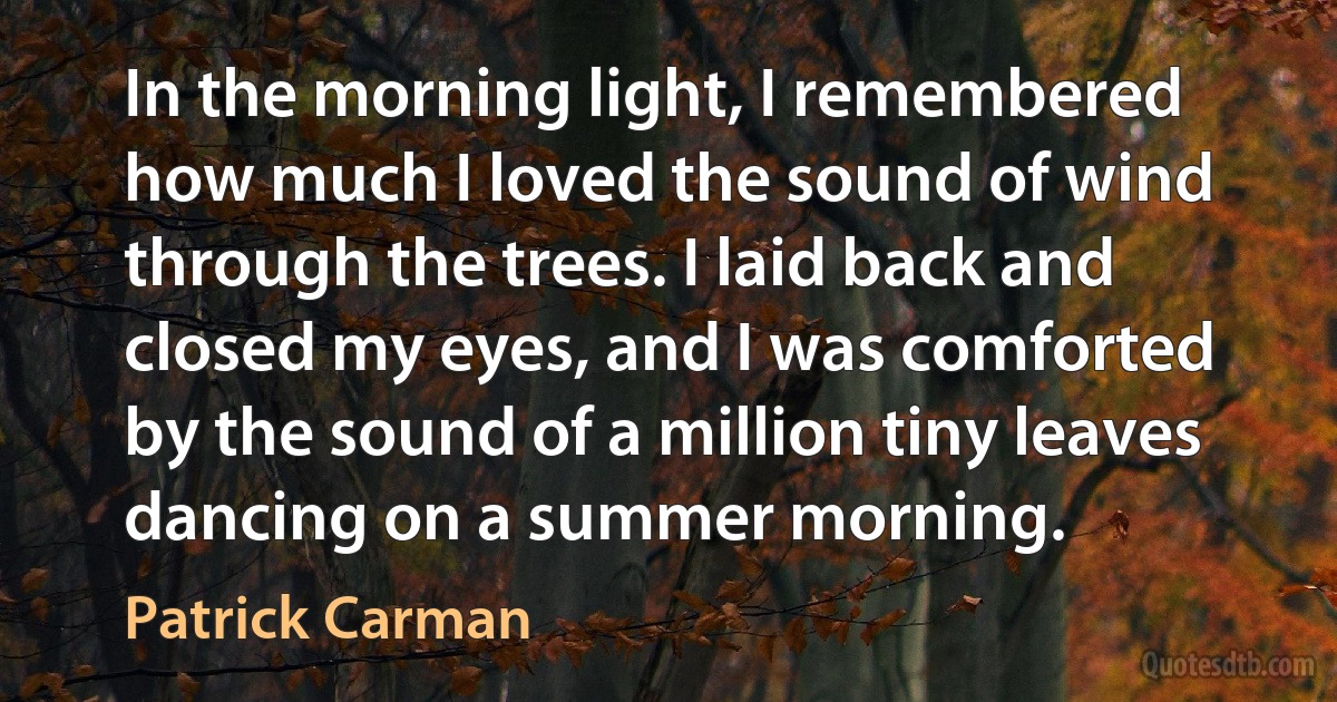 In the morning light, I remembered how much I loved the sound of wind through the trees. I laid back and closed my eyes, and I was comforted by the sound of a million tiny leaves dancing on a summer morning. (Patrick Carman)