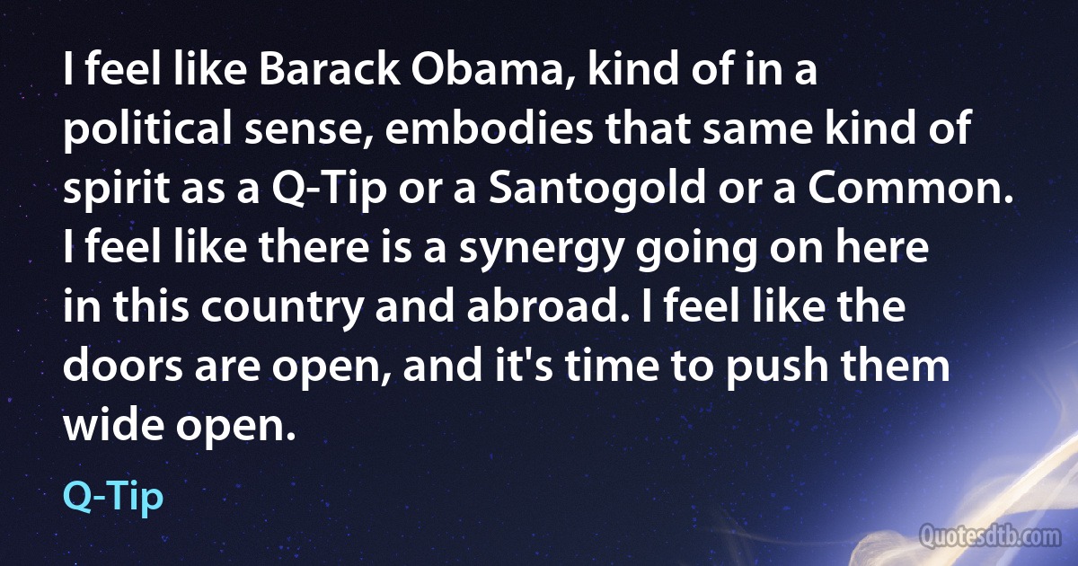 I feel like Barack Obama, kind of in a political sense, embodies that same kind of spirit as a Q-Tip or a Santogold or a Common. I feel like there is a synergy going on here in this country and abroad. I feel like the doors are open, and it's time to push them wide open. (Q-Tip)