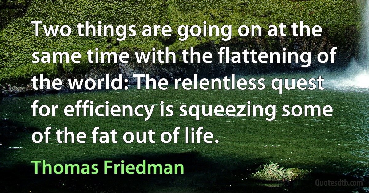 Two things are going on at the same time with the flattening of the world: The relentless quest for efficiency is squeezing some of the fat out of life. (Thomas Friedman)