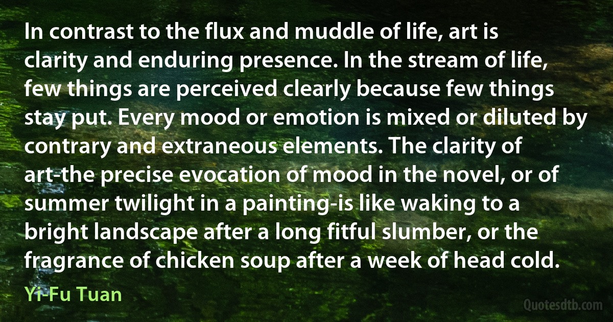 In contrast to the flux and muddle of life, art is clarity and enduring presence. In the stream of life, few things are perceived clearly because few things stay put. Every mood or emotion is mixed or diluted by contrary and extraneous elements. The clarity of art-the precise evocation of mood in the novel, or of summer twilight in a painting-is like waking to a bright landscape after a long fitful slumber, or the fragrance of chicken soup after a week of head cold. (Yi-Fu Tuan)