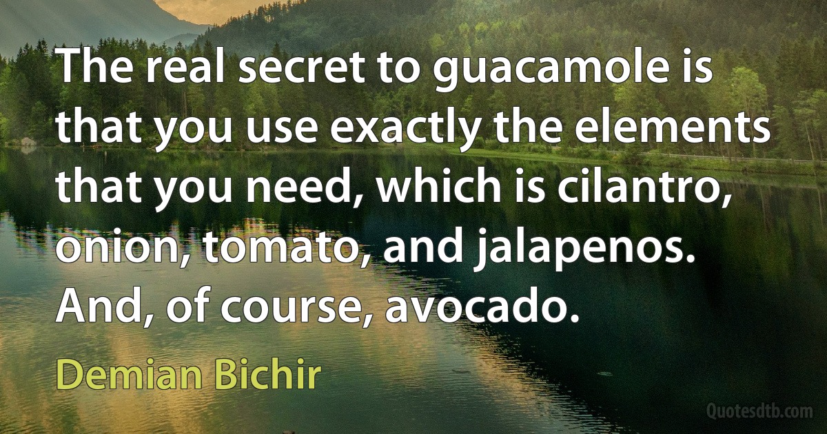 The real secret to guacamole is that you use exactly the elements that you need, which is cilantro, onion, tomato, and jalapenos. And, of course, avocado. (Demian Bichir)