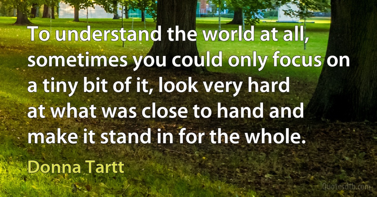 To understand the world at all, sometimes you could only focus on a tiny bit of it, look very hard at what was close to hand and make it stand in for the whole. (Donna Tartt)