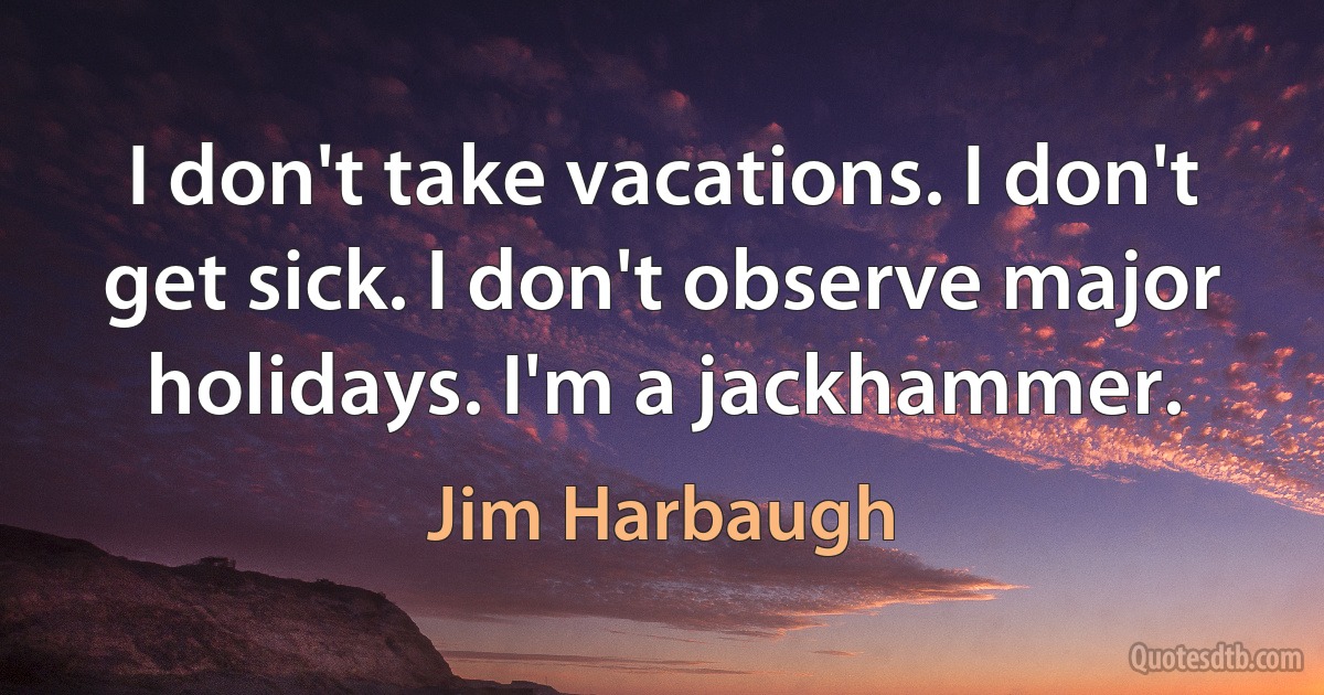 I don't take vacations. I don't get sick. I don't observe major holidays. I'm a jackhammer. (Jim Harbaugh)