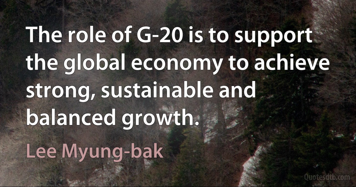 The role of G-20 is to support the global economy to achieve strong, sustainable and balanced growth. (Lee Myung-bak)