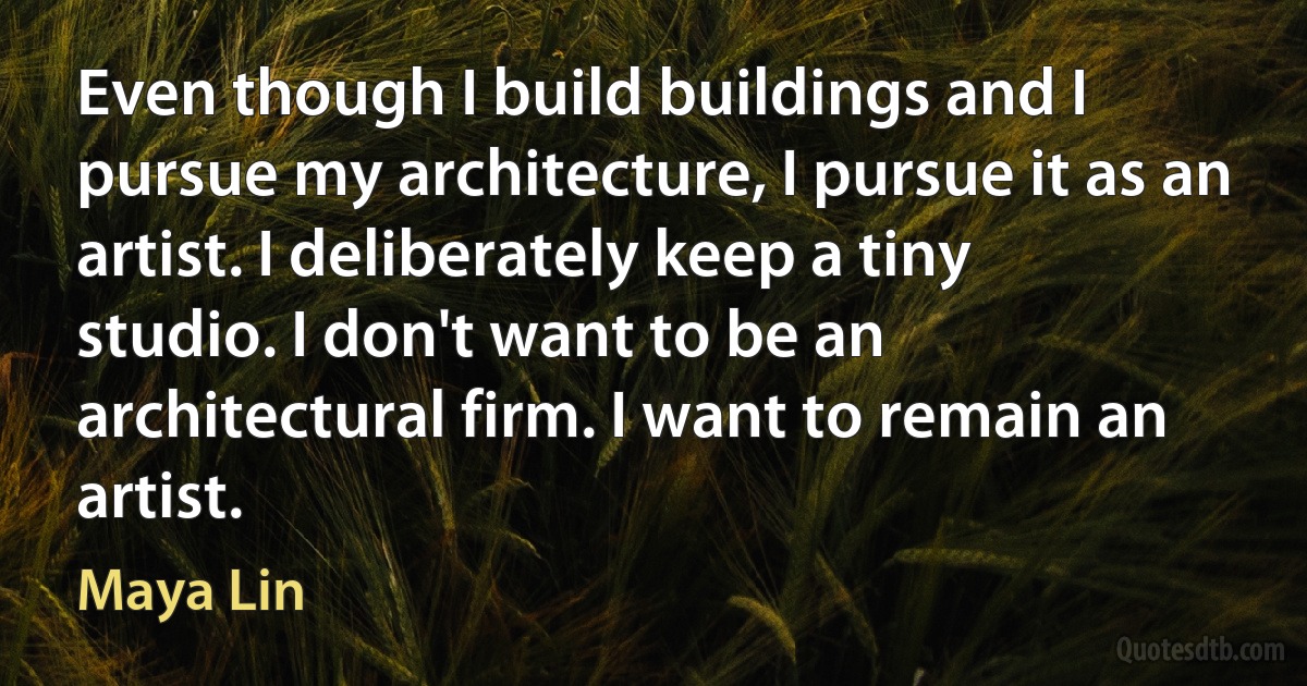 Even though I build buildings and I pursue my architecture, I pursue it as an artist. I deliberately keep a tiny studio. I don't want to be an architectural firm. I want to remain an artist. (Maya Lin)