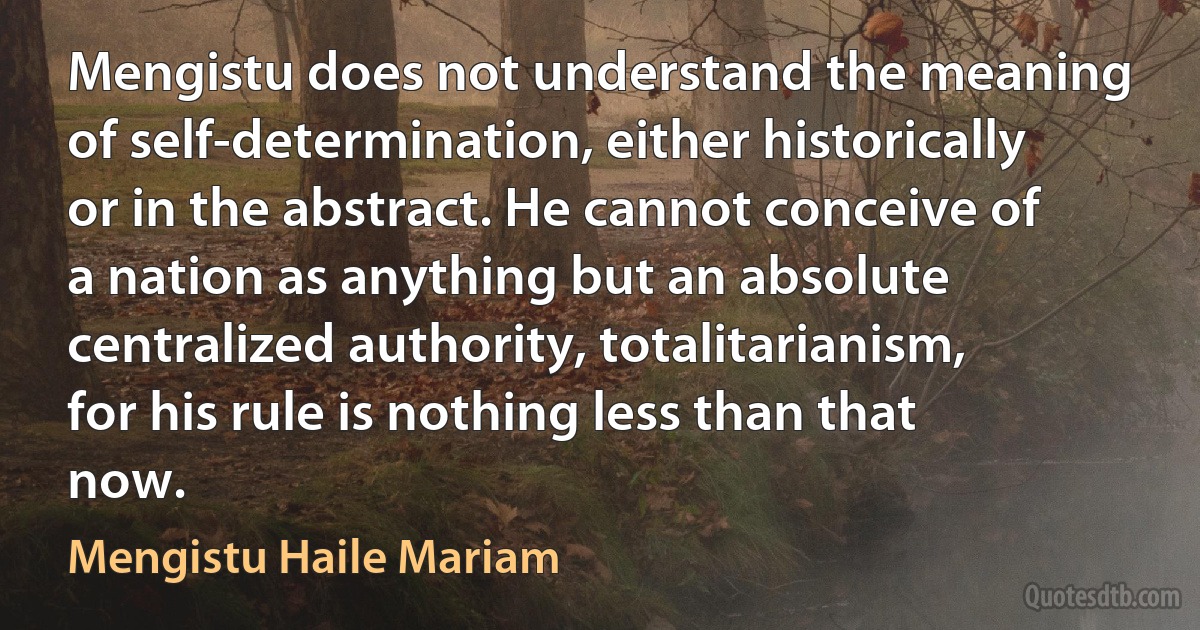 Mengistu does not understand the meaning of self-determination, either historically or in the abstract. He cannot conceive of a nation as anything but an absolute centralized authority, totalitarianism, for his rule is nothing less than that now. (Mengistu Haile Mariam)