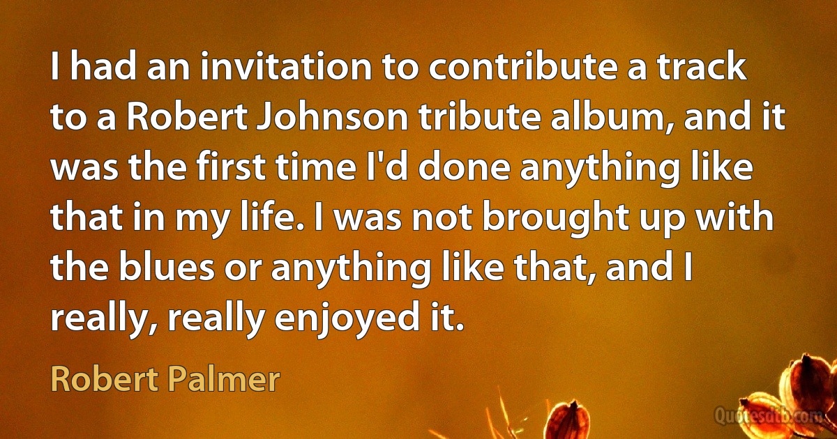 I had an invitation to contribute a track to a Robert Johnson tribute album, and it was the first time I'd done anything like that in my life. I was not brought up with the blues or anything like that, and I really, really enjoyed it. (Robert Palmer)