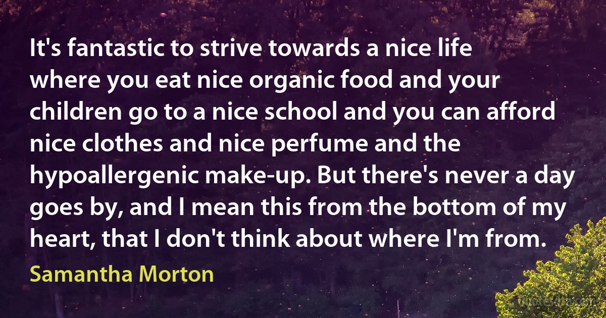 It's fantastic to strive towards a nice life where you eat nice organic food and your children go to a nice school and you can afford nice clothes and nice perfume and the hypoallergenic make-up. But there's never a day goes by, and I mean this from the bottom of my heart, that I don't think about where I'm from. (Samantha Morton)