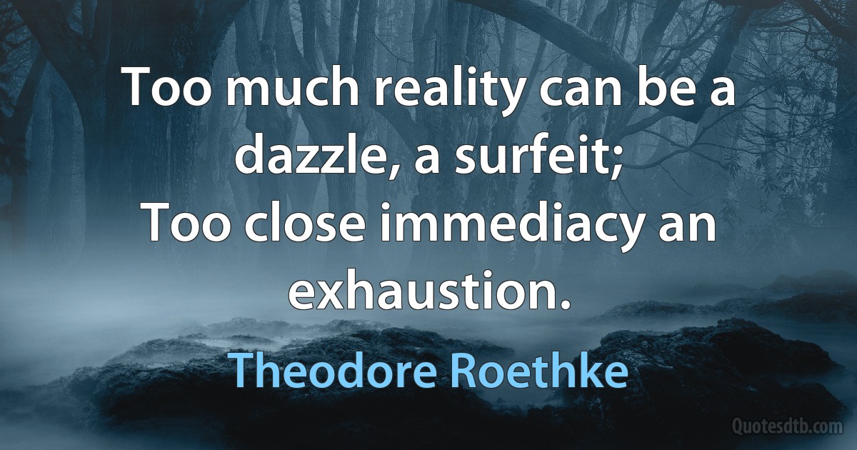 Too much reality can be a dazzle, a surfeit;
Too close immediacy an exhaustion. (Theodore Roethke)