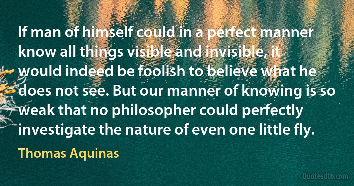 If man of himself could in a perfect manner know all things visible and invisible, it would indeed be foolish to believe what he does not see. But our manner of knowing is so weak that no philosopher could perfectly investigate the nature of even one little fly. (Thomas Aquinas)