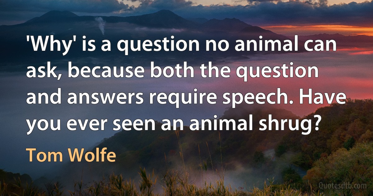 'Why' is a question no animal can ask, because both the question and answers require speech. Have you ever seen an animal shrug? (Tom Wolfe)