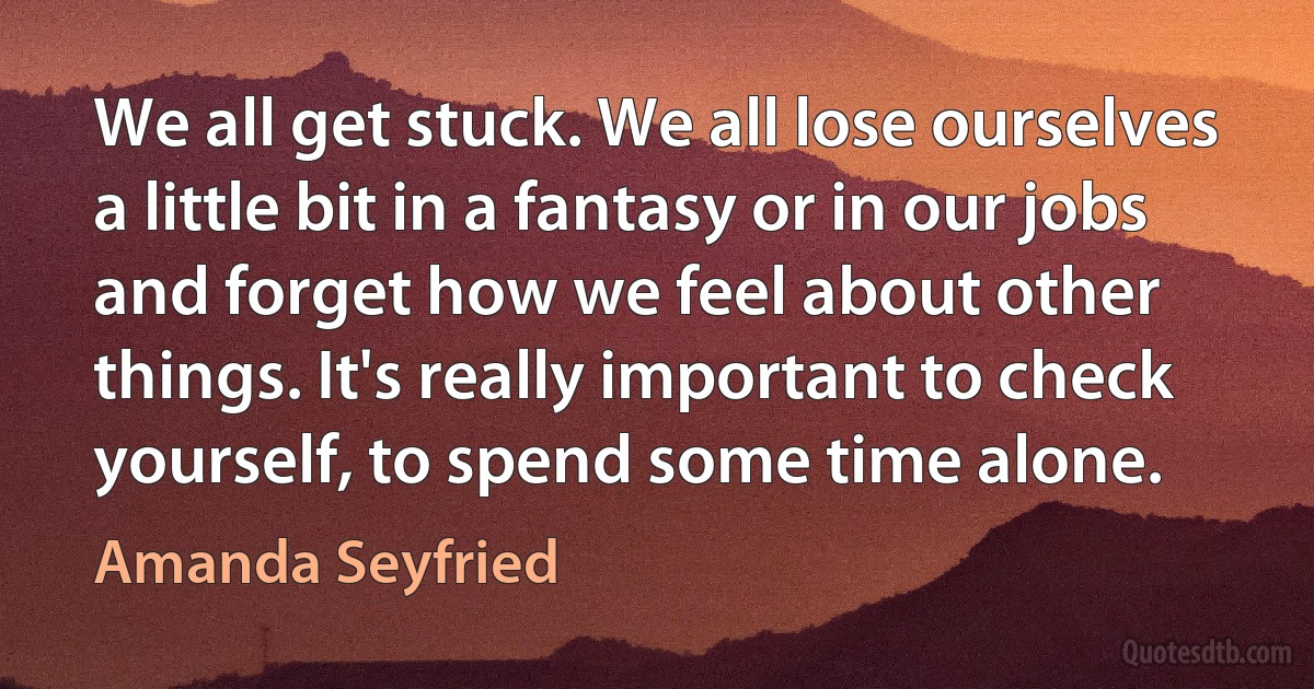 We all get stuck. We all lose ourselves a little bit in a fantasy or in our jobs and forget how we feel about other things. It's really important to check yourself, to spend some time alone. (Amanda Seyfried)