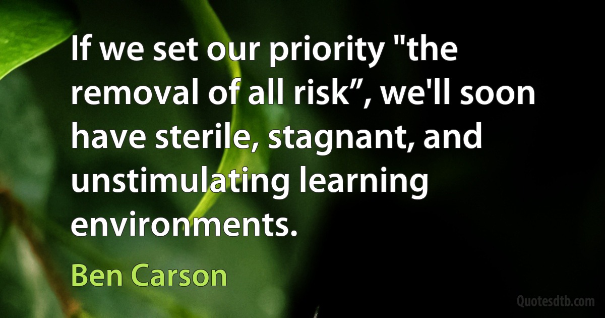 If we set our priority "the removal of all risk”, we'll soon have sterile, stagnant, and unstimulating learning environments. (Ben Carson)