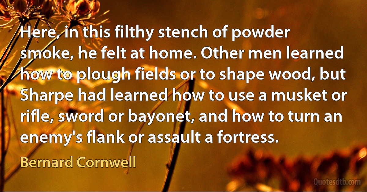 Here, in this filthy stench of powder smoke, he felt at home. Other men learned how to plough fields or to shape wood, but Sharpe had learned how to use a musket or rifle, sword or bayonet, and how to turn an enemy's flank or assault a fortress. (Bernard Cornwell)