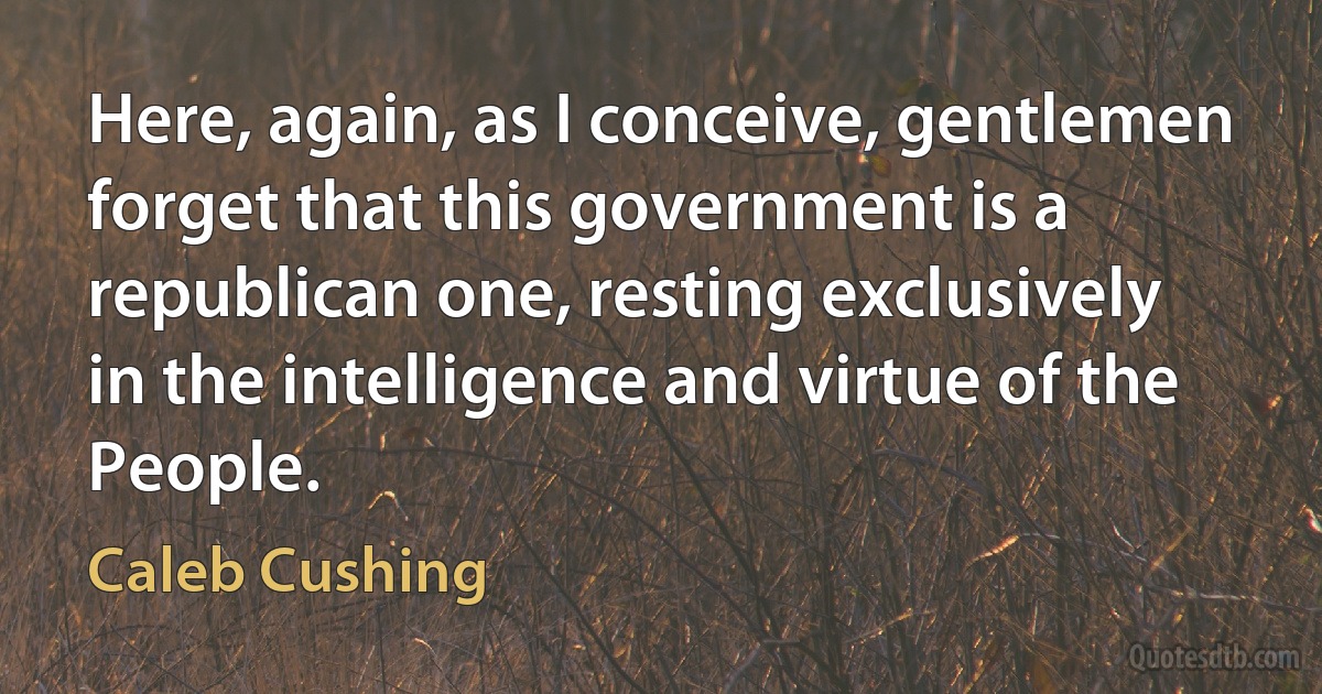 Here, again, as I conceive, gentlemen forget that this government is a republican one, resting exclusively in the intelligence and virtue of the People. (Caleb Cushing)