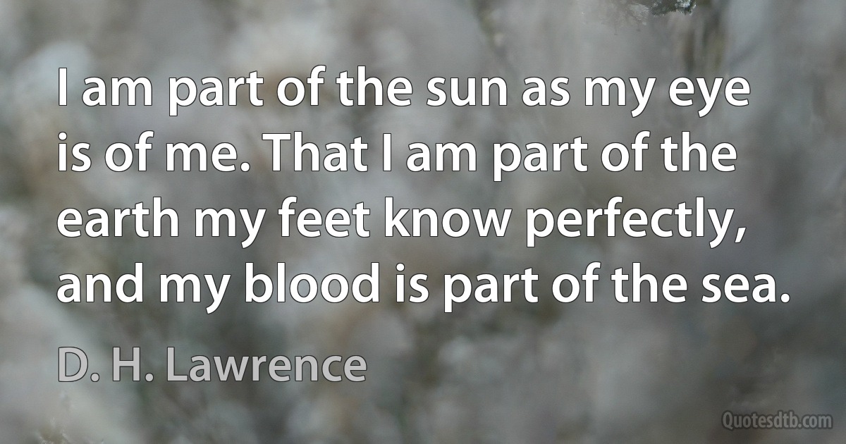 I am part of the sun as my eye is of me. That I am part of the earth my feet know perfectly, and my blood is part of the sea. (D. H. Lawrence)