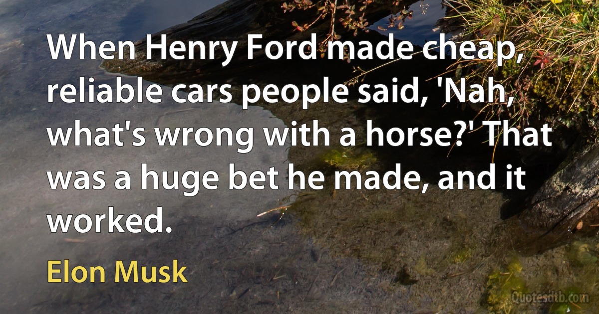 When Henry Ford made cheap, reliable cars people said, 'Nah, what's wrong with a horse?' That was a huge bet he made, and it worked. (Elon Musk)