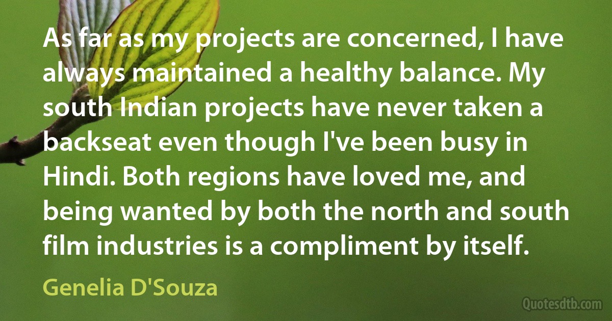 As far as my projects are concerned, I have always maintained a healthy balance. My south Indian projects have never taken a backseat even though I've been busy in Hindi. Both regions have loved me, and being wanted by both the north and south film industries is a compliment by itself. (Genelia D'Souza)