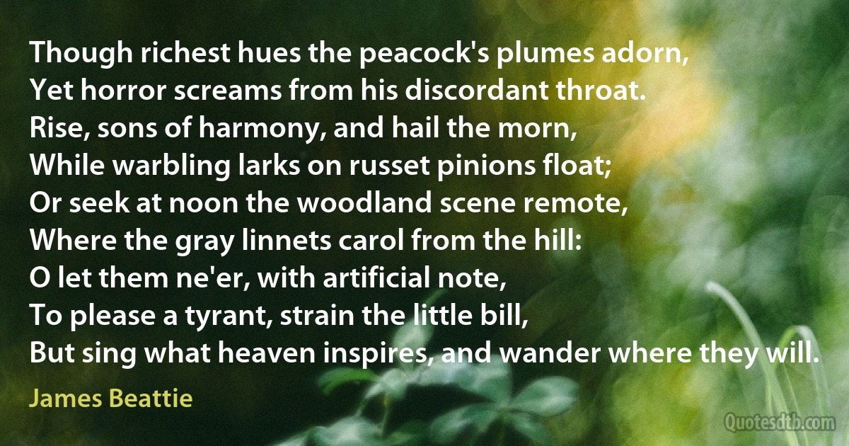 Though richest hues the peacock's plumes adorn,
Yet horror screams from his discordant throat.
Rise, sons of harmony, and hail the morn,
While warbling larks on russet pinions float;
Or seek at noon the woodland scene remote,
Where the gray linnets carol from the hill:
O let them ne'er, with artificial note,
To please a tyrant, strain the little bill,
But sing what heaven inspires, and wander where they will. (James Beattie)