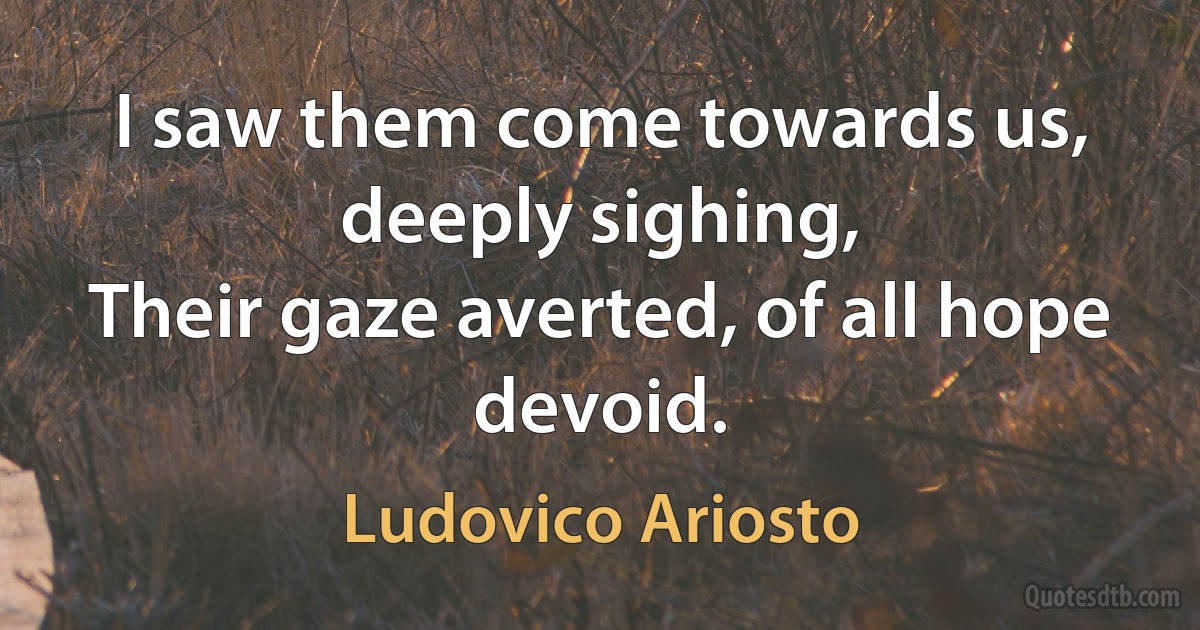 I saw them come towards us, deeply sighing,
Their gaze averted, of all hope devoid. (Ludovico Ariosto)