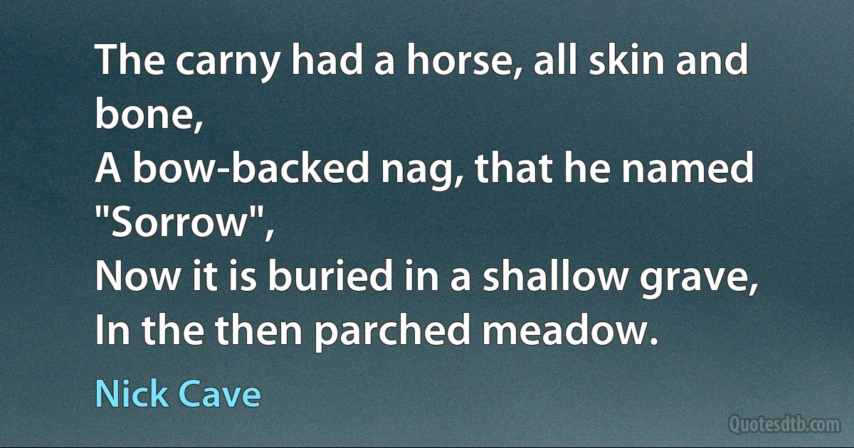 The carny had a horse, all skin and bone,
A bow-backed nag, that he named "Sorrow",
Now it is buried in a shallow grave,
In the then parched meadow. (Nick Cave)