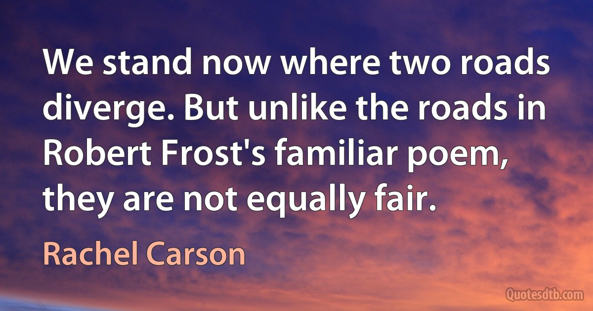 We stand now where two roads diverge. But unlike the roads in Robert Frost's familiar poem, they are not equally fair. (Rachel Carson)