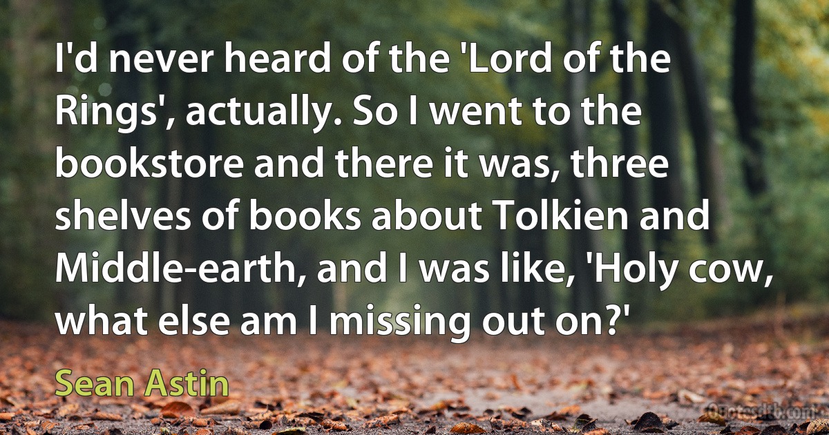 I'd never heard of the 'Lord of the Rings', actually. So I went to the bookstore and there it was, three shelves of books about Tolkien and Middle-earth, and I was like, 'Holy cow, what else am I missing out on?' (Sean Astin)