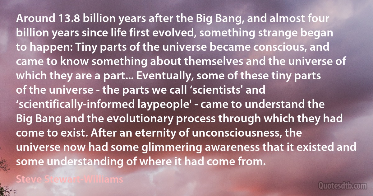 Around 13.8 billion years after the Big Bang, and almost four billion years since life first evolved, something strange began to happen: Tiny parts of the universe became conscious, and came to know something about themselves and the universe of which they are a part... Eventually, some of these tiny parts of the universe - the parts we call ‘scientists' and ‘scientifically-informed laypeople' - came to understand the Big Bang and the evolutionary process through which they had come to exist. After an eternity of unconsciousness, the universe now had some glimmering awareness that it existed and some understanding of where it had come from. (Steve Stewart-Williams)