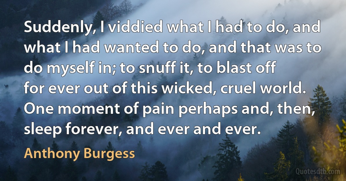 Suddenly, I viddied what I had to do, and what I had wanted to do, and that was to do myself in; to snuff it, to blast off for ever out of this wicked, cruel world. One moment of pain perhaps and, then, sleep forever, and ever and ever. (Anthony Burgess)