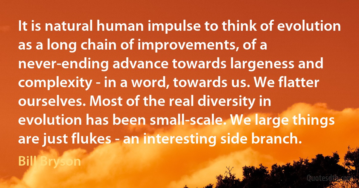 It is natural human impulse to think of evolution as a long chain of improvements, of a never-ending advance towards largeness and complexity - in a word, towards us. We flatter ourselves. Most of the real diversity in evolution has been small-scale. We large things are just flukes - an interesting side branch. (Bill Bryson)