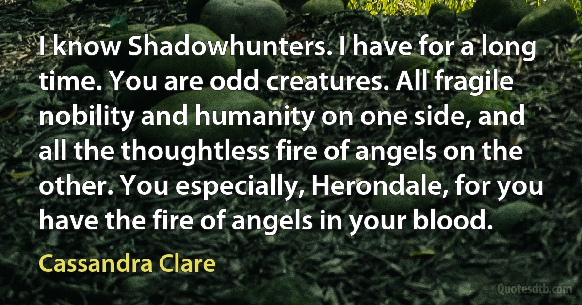 I know Shadowhunters. I have for a long time. You are odd creatures. All fragile nobility and humanity on one side, and all the thoughtless fire of angels on the other. You especially, Herondale, for you have the fire of angels in your blood. (Cassandra Clare)