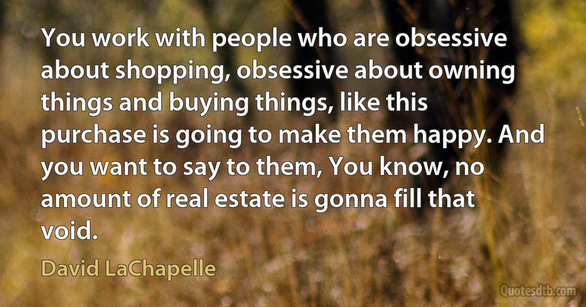 You work with people who are obsessive about shopping, obsessive about owning things and buying things, like this purchase is going to make them happy. And you want to say to them, You know, no amount of real estate is gonna fill that void. (David LaChapelle)