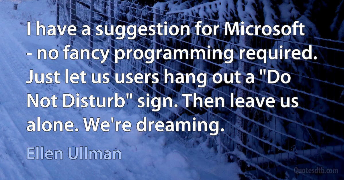 I have a suggestion for Microsoft - no fancy programming required. Just let us users hang out a "Do Not Disturb" sign. Then leave us alone. We're dreaming. (Ellen Ullman)