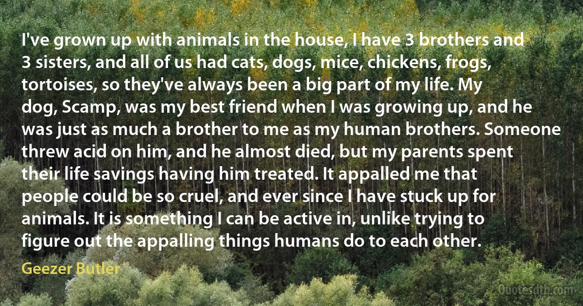 I've grown up with animals in the house, I have 3 brothers and 3 sisters, and all of us had cats, dogs, mice, chickens, frogs, tortoises, so they've always been a big part of my life. My dog, Scamp, was my best friend when I was growing up, and he was just as much a brother to me as my human brothers. Someone threw acid on him, and he almost died, but my parents spent their life savings having him treated. It appalled me that people could be so cruel, and ever since I have stuck up for animals. It is something I can be active in, unlike trying to figure out the appalling things humans do to each other. (Geezer Butler)