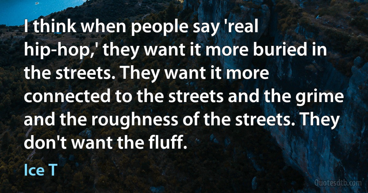 I think when people say 'real hip-hop,' they want it more buried in the streets. They want it more connected to the streets and the grime and the roughness of the streets. They don't want the fluff. (Ice T)