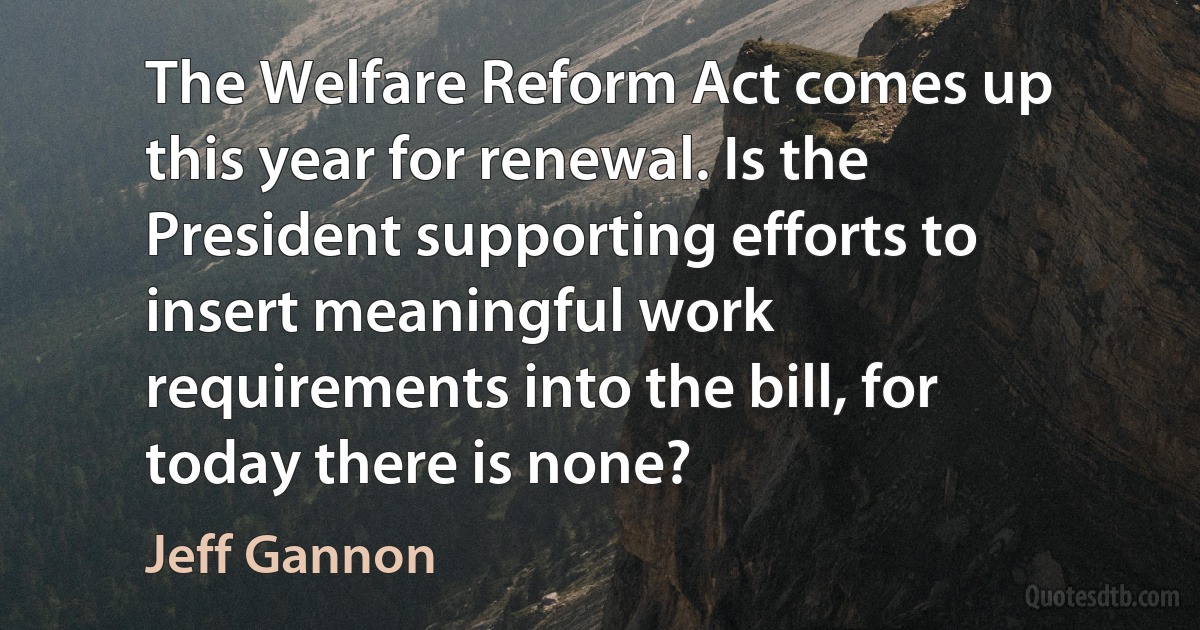 The Welfare Reform Act comes up this year for renewal. Is the President supporting efforts to insert meaningful work requirements into the bill, for today there is none? (Jeff Gannon)