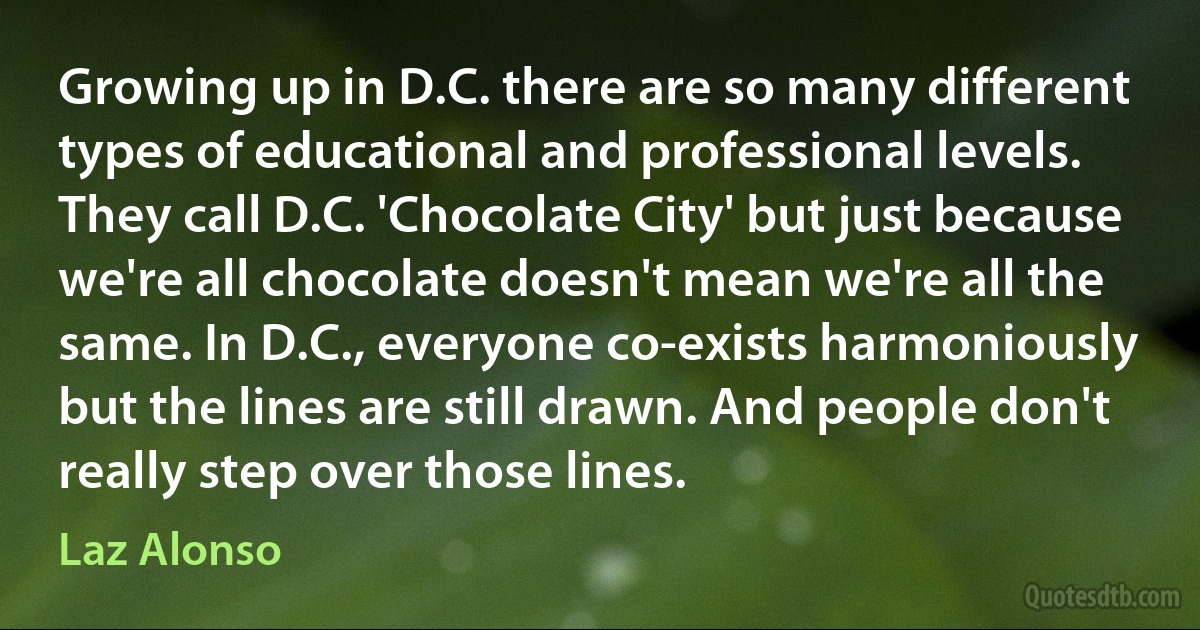 Growing up in D.C. there are so many different types of educational and professional levels. They call D.C. 'Chocolate City' but just because we're all chocolate doesn't mean we're all the same. In D.C., everyone co-exists harmoniously but the lines are still drawn. And people don't really step over those lines. (Laz Alonso)