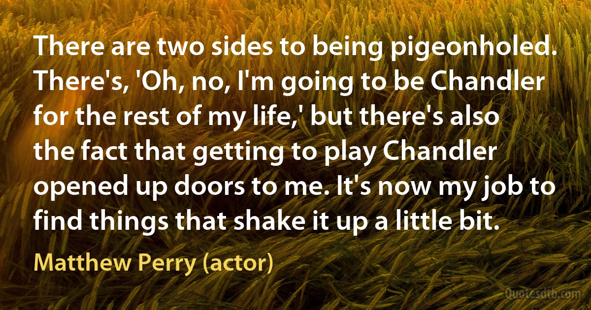 There are two sides to being pigeonholed. There's, 'Oh, no, I'm going to be Chandler for the rest of my life,' but there's also the fact that getting to play Chandler opened up doors to me. It's now my job to find things that shake it up a little bit. (Matthew Perry (actor))